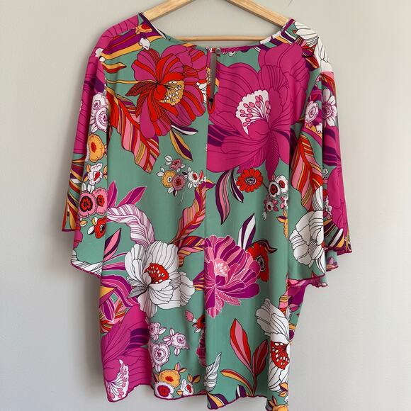 Cha Cha Vente Top Size 2X Floral Dolman Sleeve Tropical Artsy Vacation Flowy - Picture 6 of 10